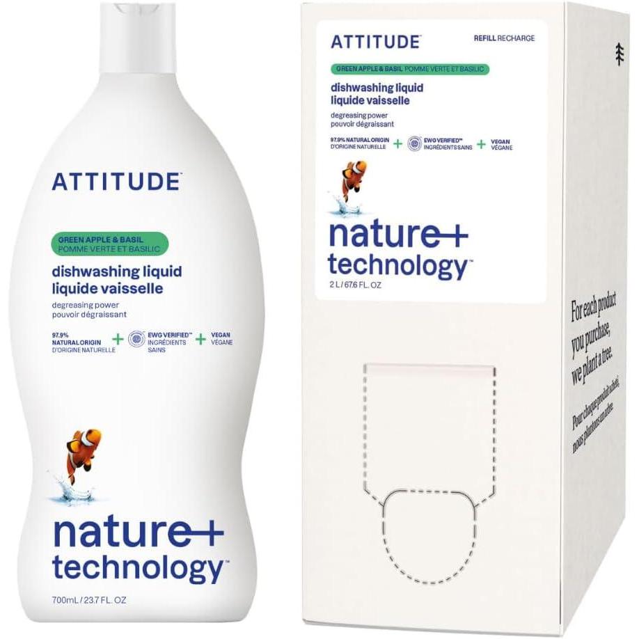 image:imageATTITUDE Dish Soap amp Refill Bundle EWG Verified PlantBased Vegan Green Apple amp Basil 237  676 Fl Oz