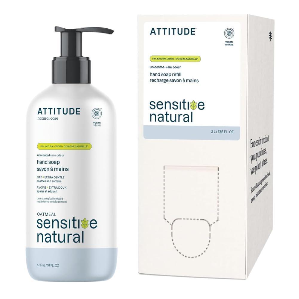 image:imageATTITUDE Hand Soap Bundle Sensitive Skin Unscented Bottle amp Bulk Refill EWG Verified Vegan Enriched with Oat Dermatologically Tested
