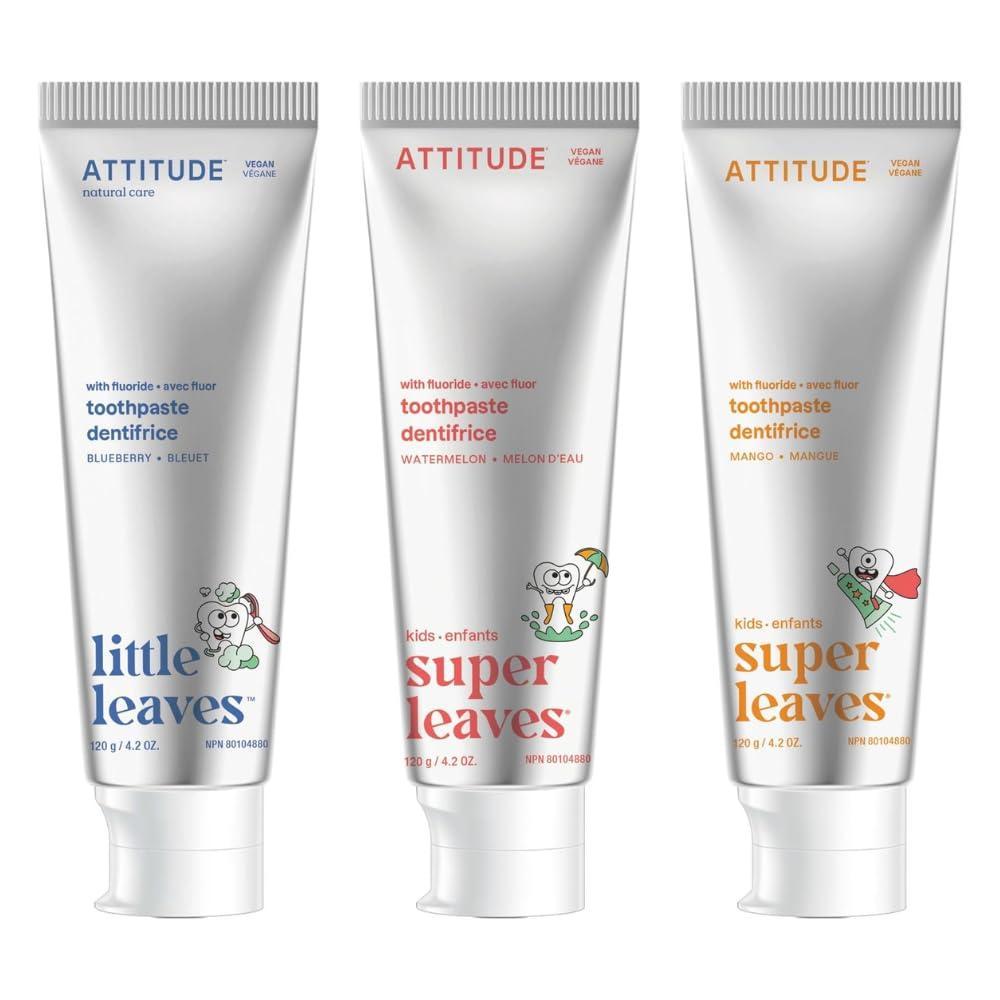 image:imageBundle of ATTITUDE 3 Toothpastes with Fluoride for Kids Prevents Tooth Decay and Cavities Vegan 402 Oz Blueberry  Watermelon  Mango