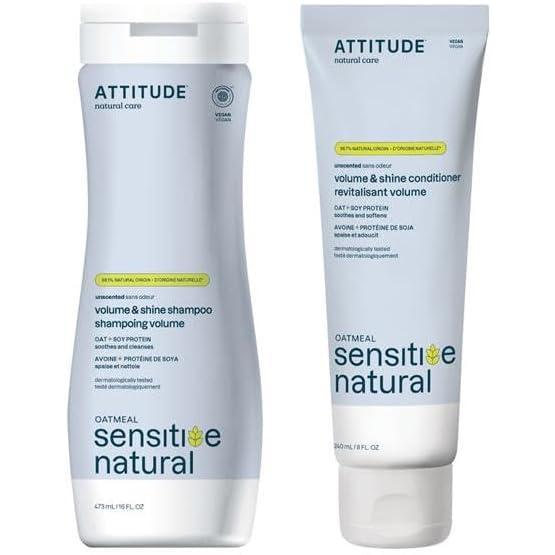 image:imageBundle of ATTITUDE Hair Shampoo and Conditioner for Sensitive Dry Scalp Soothing Oat For Thin Hair Naturally Derived Ingredients Vegan Volume and Shine Unscented 16 Fl Oz