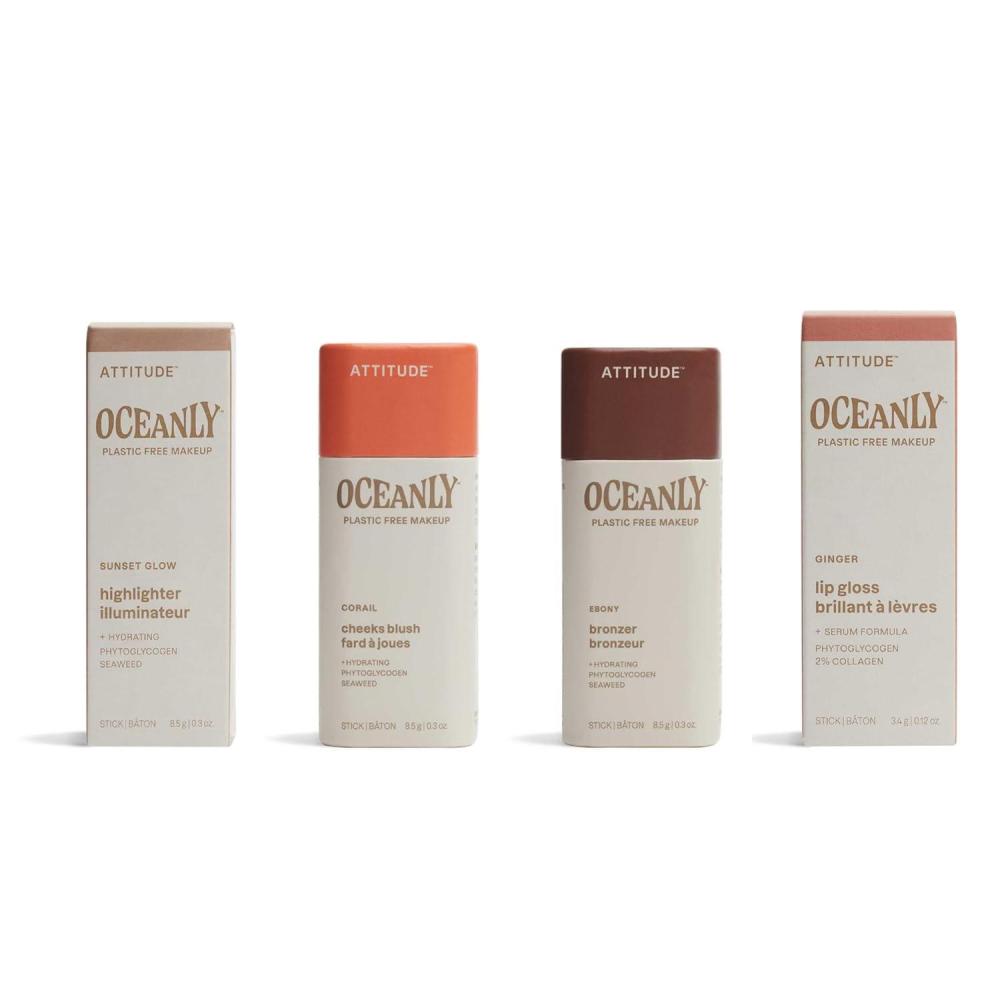 image:imageBundle of ATTITUDE Oceanly EWG Verified PlasticFree Vegan Blush Corail 03 Oz  Bronzer Ebony 03 Oz Highlighter Sunset Glow 03 Oz  Lip Gloss Ginger 012 Oz