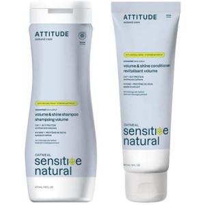 Bundle of ATTITUDE Hair Shampoo and Conditioner for Sensitive Dry Scalp, Soothing Oat, For Thin Hair, Naturally Derived Ingredients, Vegan, Volume and Shine, Unscented, 16 Fl Oz