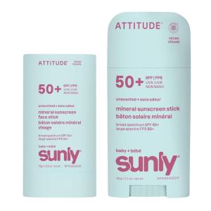 ATTITUDE Baby Mineral Sunscreen Stick Bundle, SPF 50, Set of 2, Face & Body, EWG Verified, Zinc Oxide, Vegan, Unscented, Non-Greasy