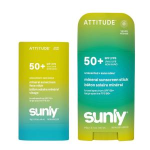 ATTITUDE Mineral Sunscreen Stick Bundle, SPF 50, Set of 2, Face & Body, EWG Verified, Zinc Oxide, Vegan, Unscented, Lightweight Non-Greasy