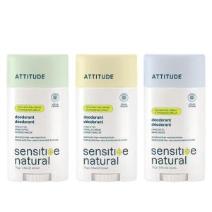 ATTITUDE Sensitive Skin Deodorant Bundle, Set of 3, Vanilla Cream, Fresh Apple & Unscented, Aluminum & Baking Soda Free, Vegan